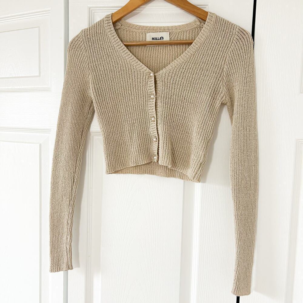 Rollas Cropped Ribbed Knit Cardigan Pearl Button Beige Women’s Size Small